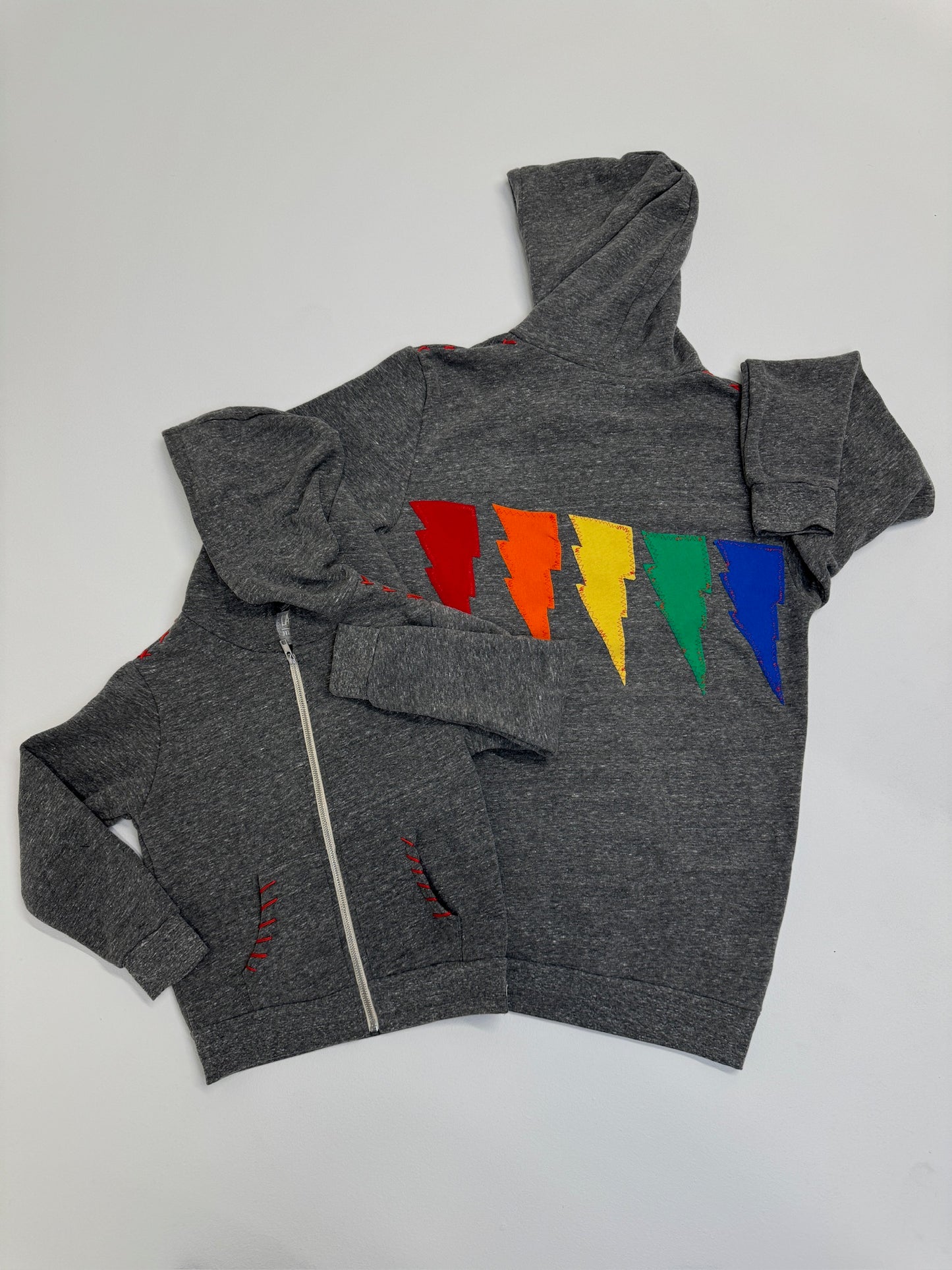 Kid's RAINBOW LIGHTNING Vintage Grey Zip-Up Hooded Sweatshirt